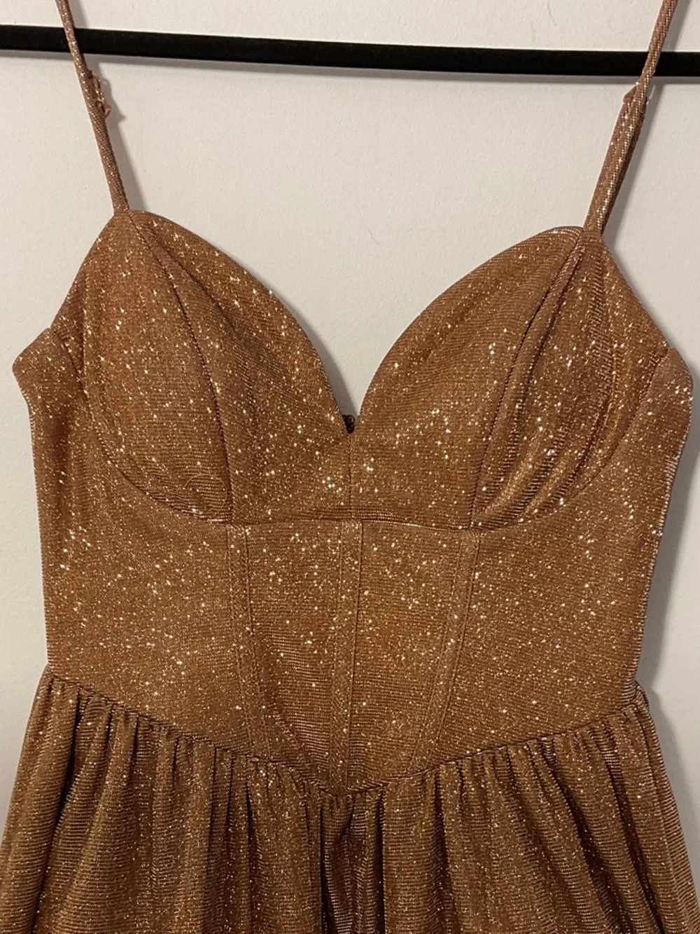 City Studio Glittery Brown Gold Spaghetti-Strap Mini Dress